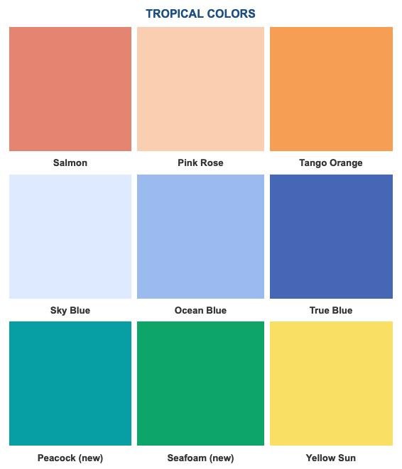 Tropical Colors Acrylabs – Color Chart for Fluid-Applied Roof Systems and Wall Coatings